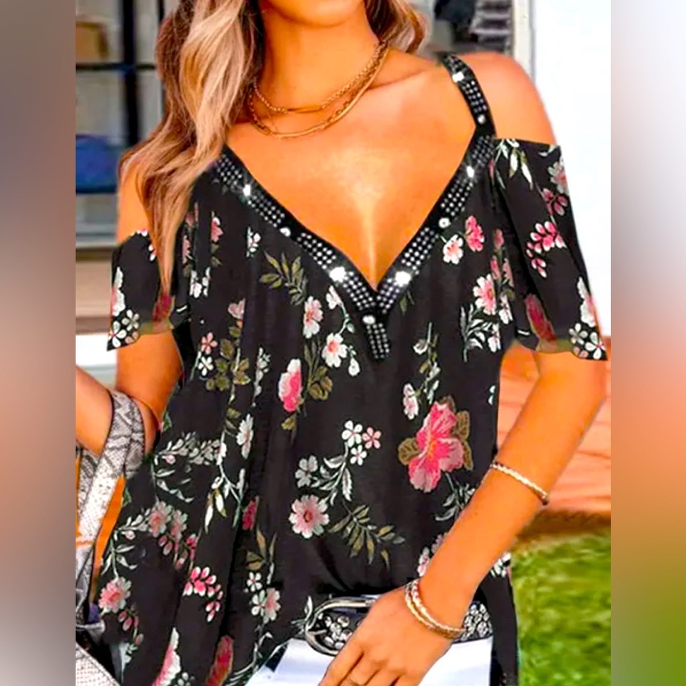 New Black Casual Off Shoulder T-shirt Floral Boho Print Sz S